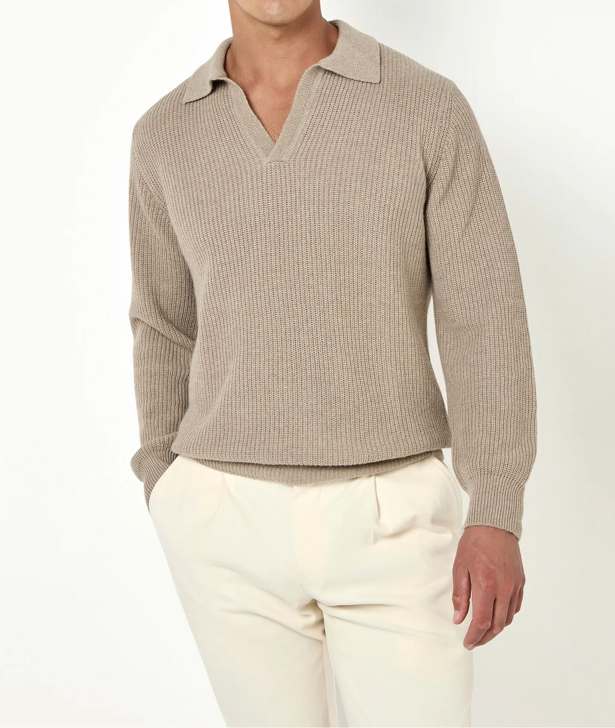 ribbed long sleeve polo, taupe long sleeve polo, taupe long sleeve ribbed polo, polo manches longues taupe, polo manches longues