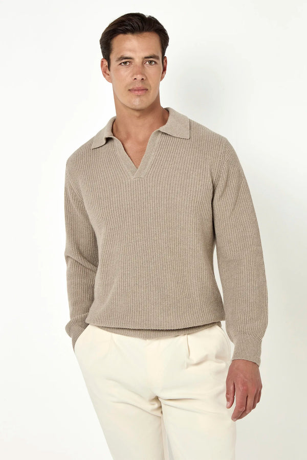 ribbed long sleeve polo, taupe long sleeve polo, taupe long sleeve ribbed polo, polo manches longues taupe, polo manches longues