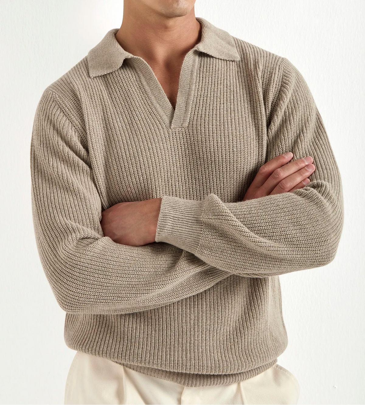 ribbed long sleeve polo, taupe long sleeve polo, taupe long sleeve ribbed polo, polo manches longues taupe, polo manches longues
