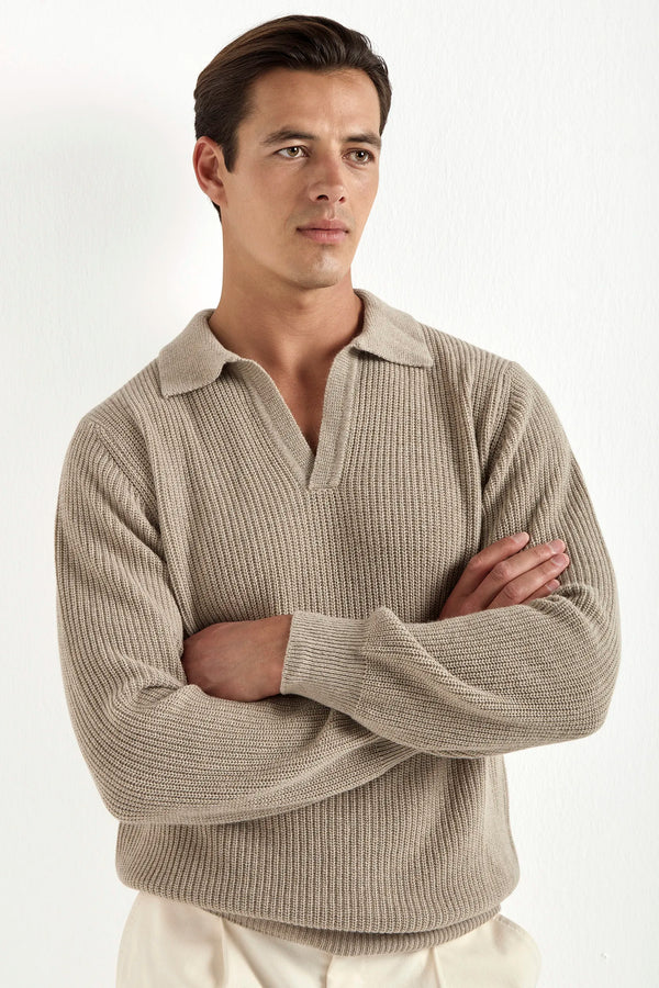 ribbed long sleeve polo, taupe long sleeve polo, taupe long sleeve ribbed polo, polo manches longues taupe, polo manches longues
