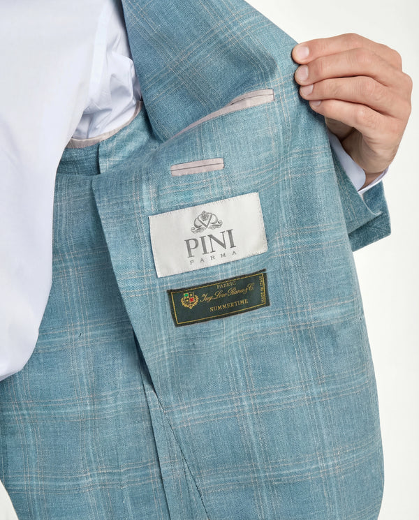 Men Pini Parma teal neapolitan single breasted jacket made in italy in wool, silk and linen by Loro Piana