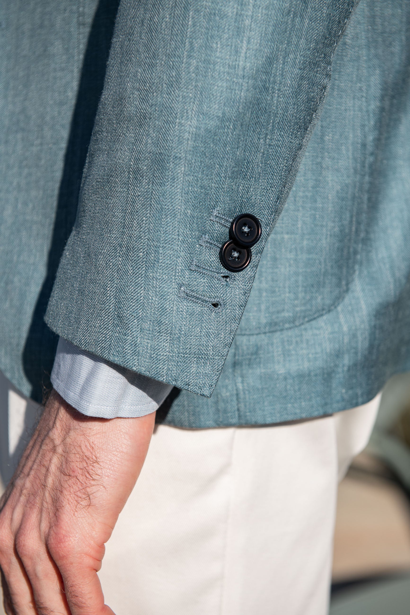 Water green herringbone jacket in wool silk and linen - Made in Italy