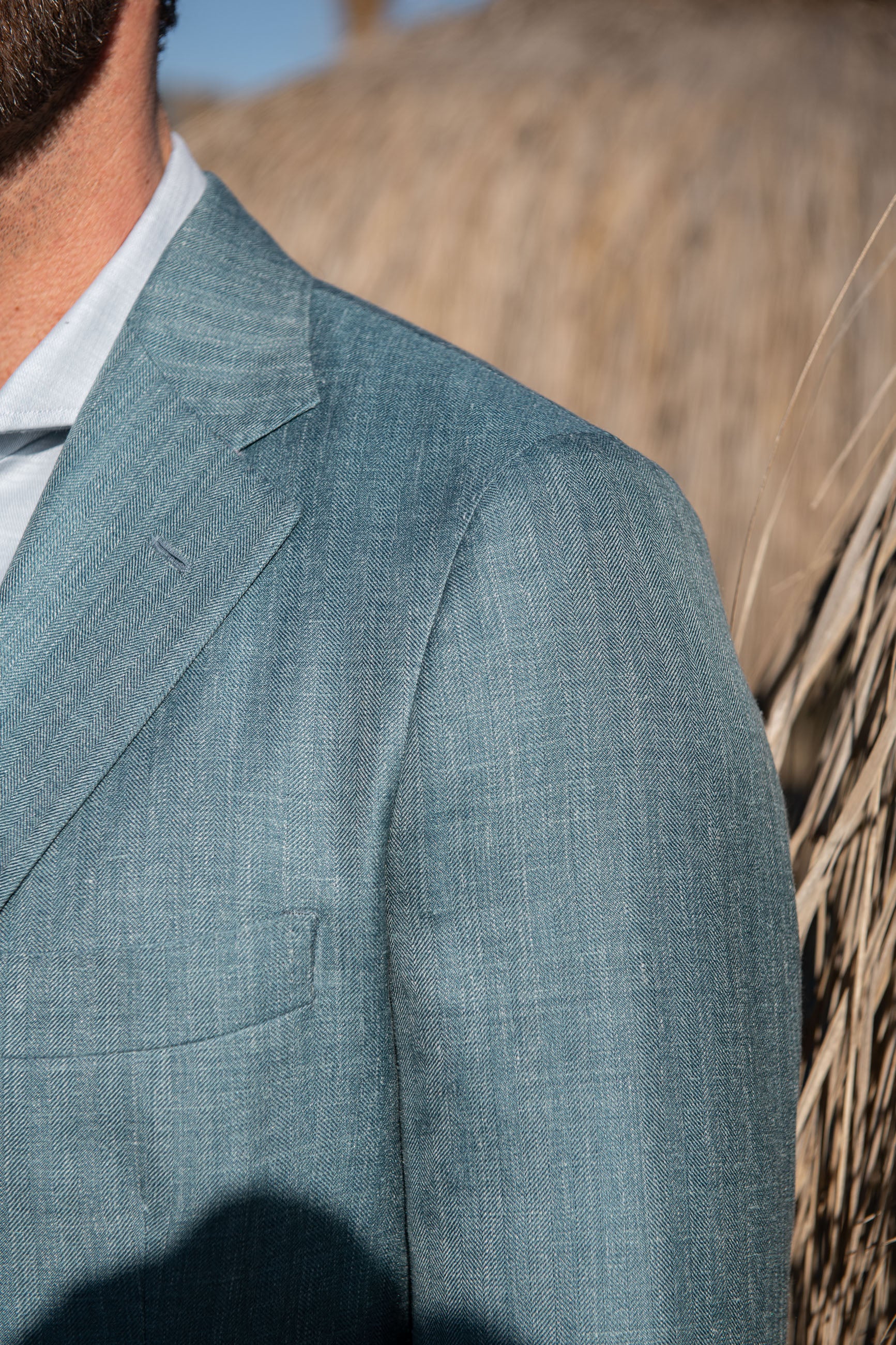Water green herringbone jacket in wool silk and linen - Made in Italy
