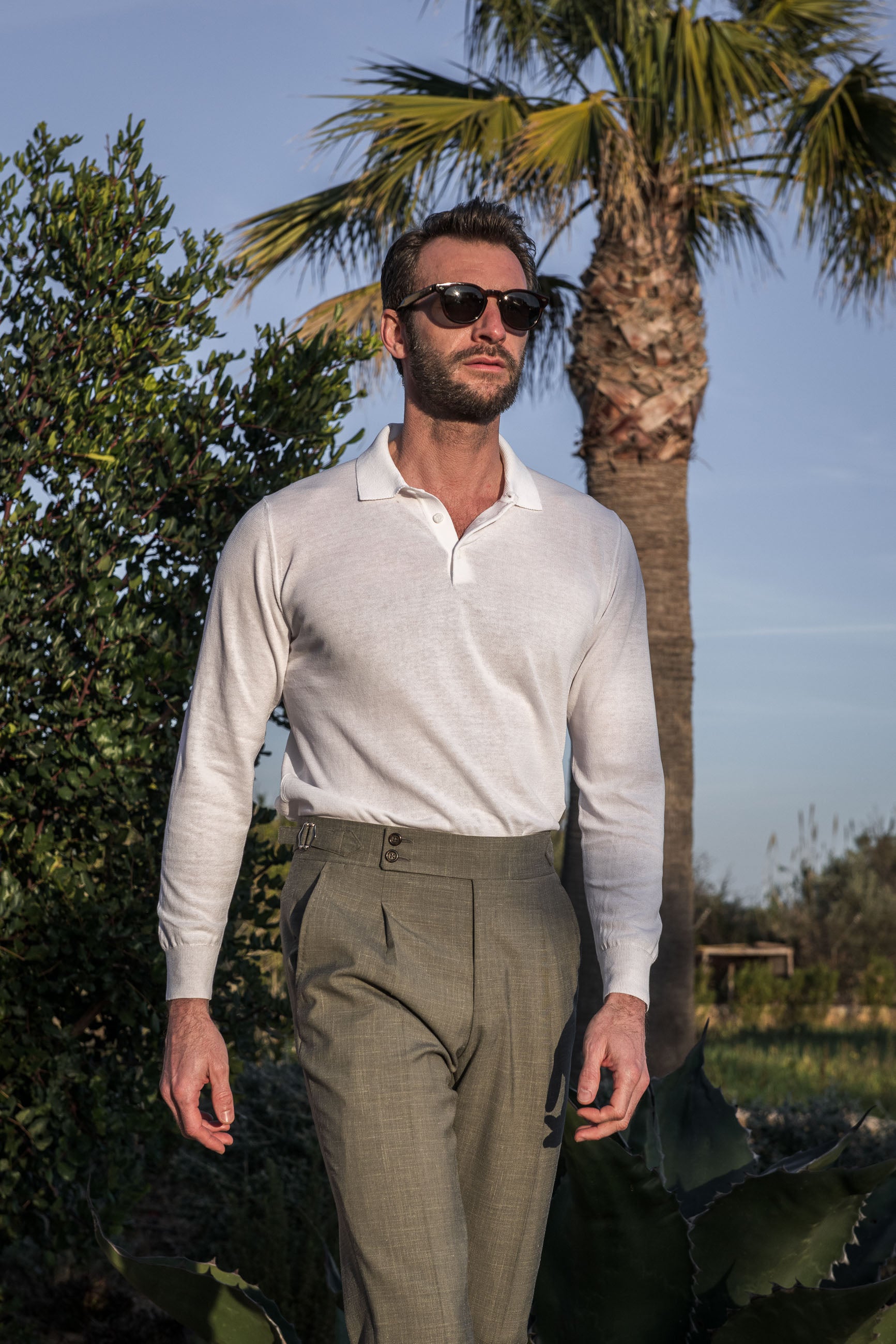 White Long Sleeve Cotton Polo - Made in Italy