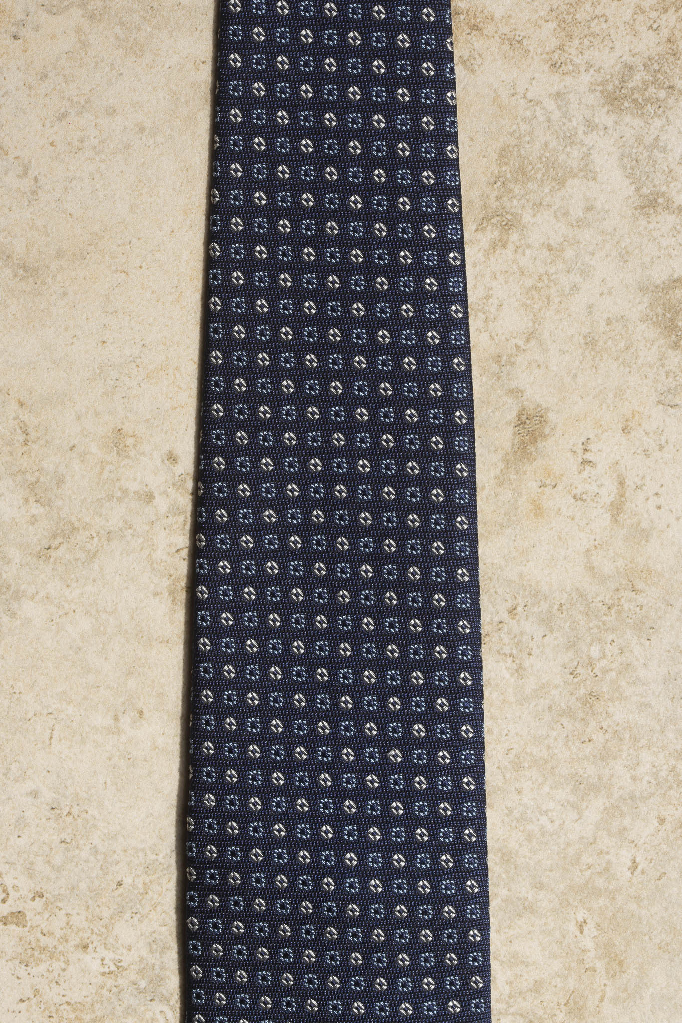 Blue tie with white and light blue microflowers - Made In Italy