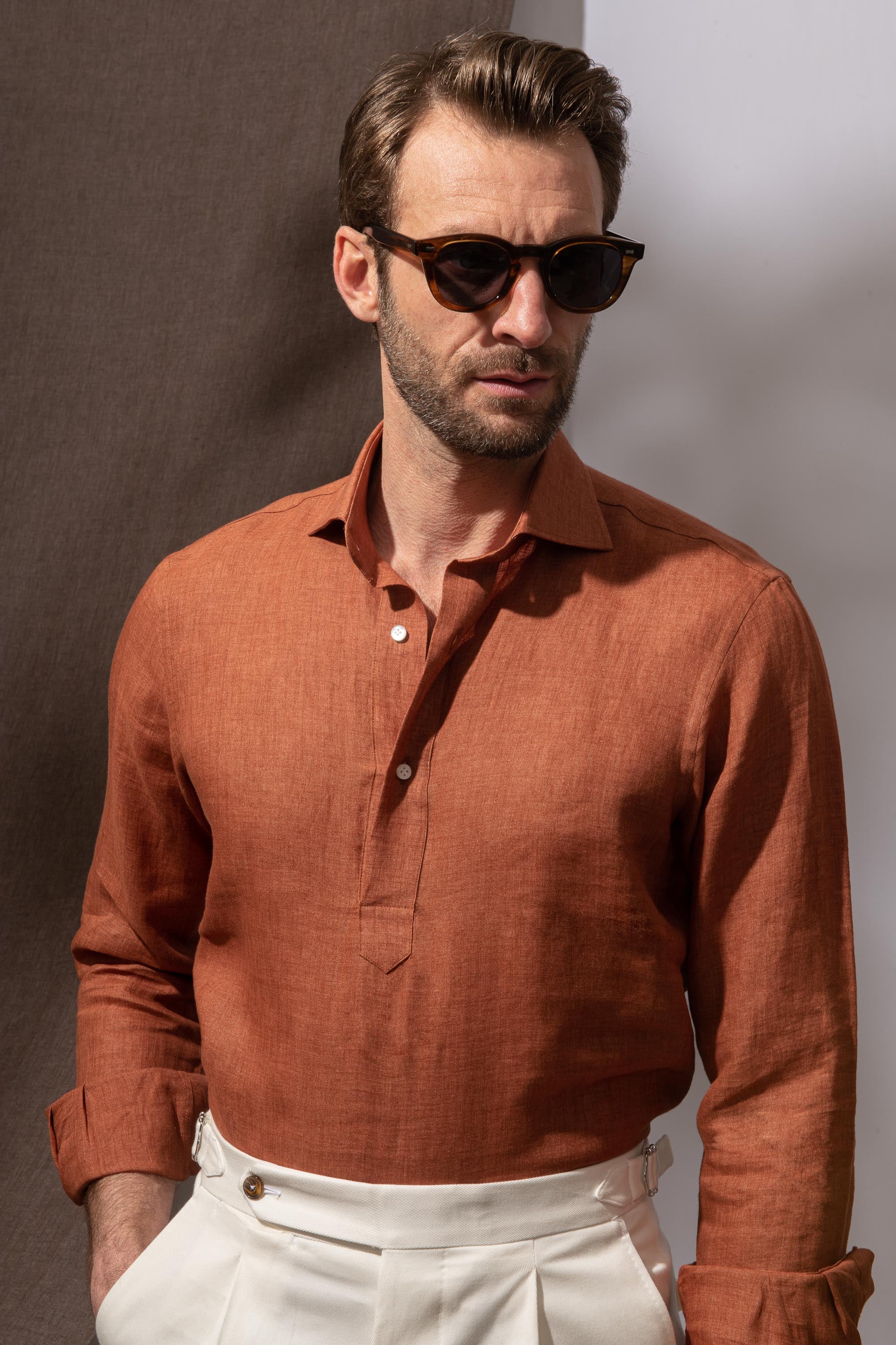 popover linen shirt, terracotta popover shirt, linen popover shirt, chemise terracotta lin, chemise en lin popover, chemise été homme popover