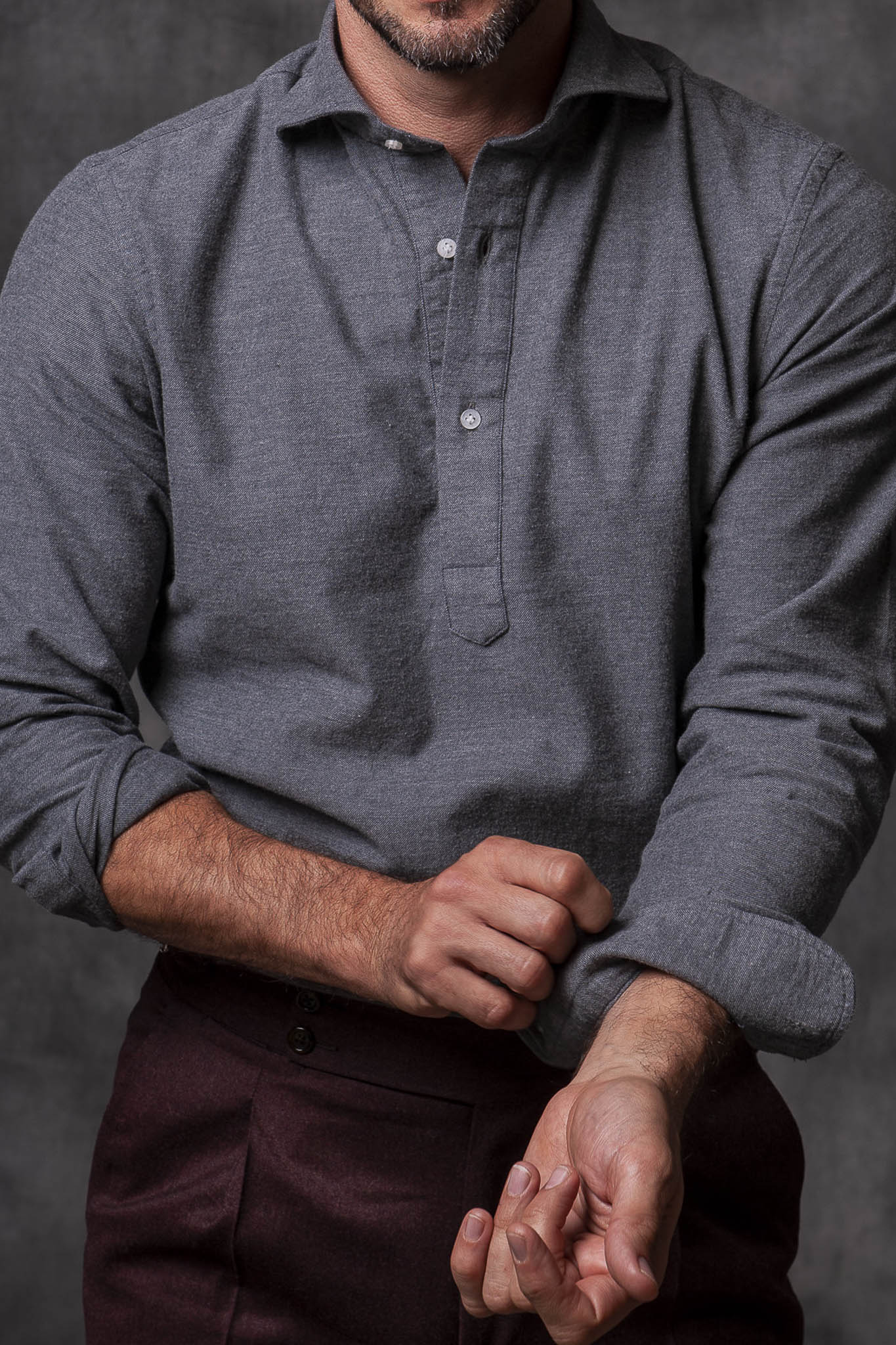 Grey Popover Shirt - Flannel Touch - Made in Italy