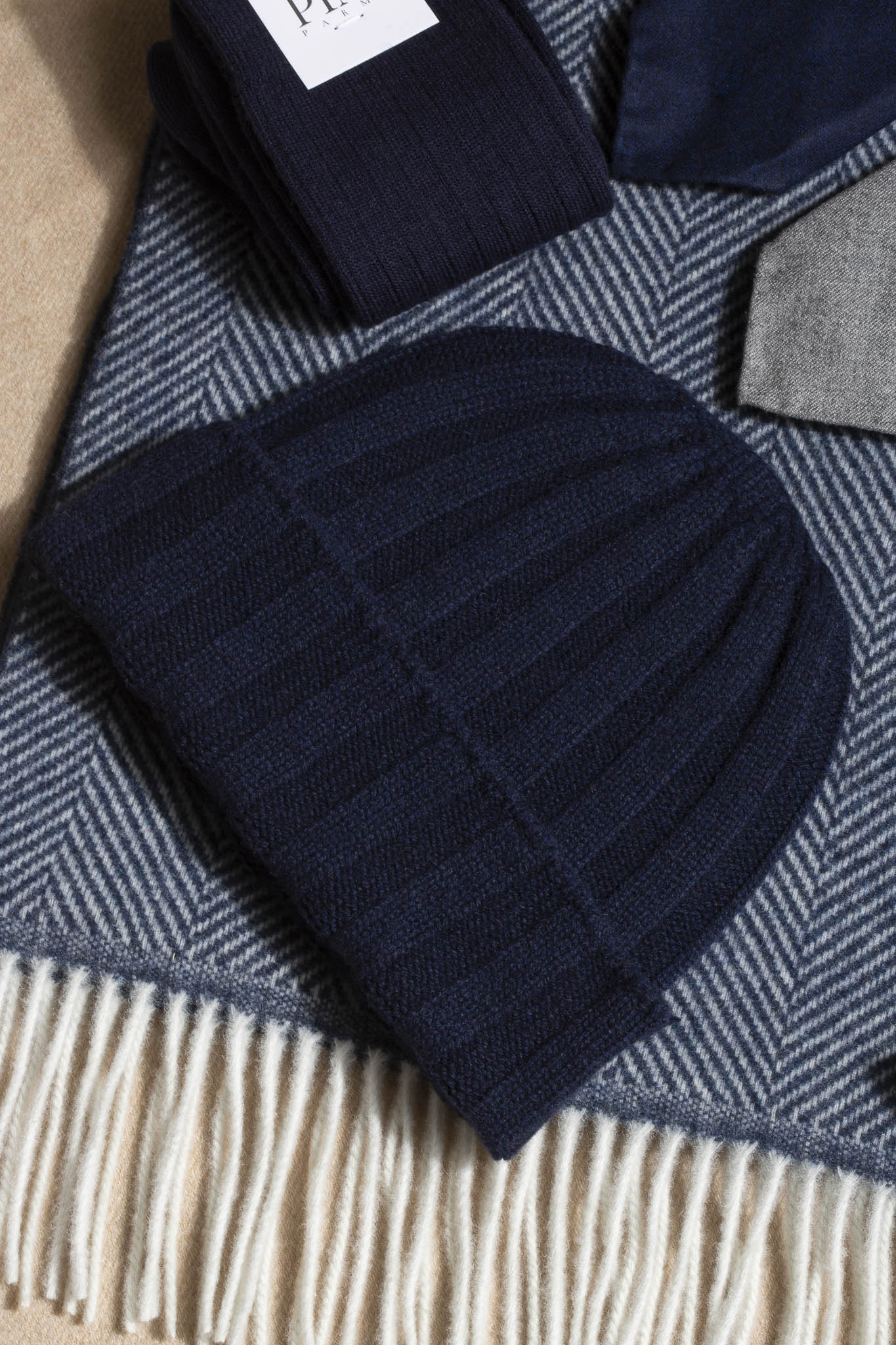 Blue Cashmere rib knit beanie - Made in Italy