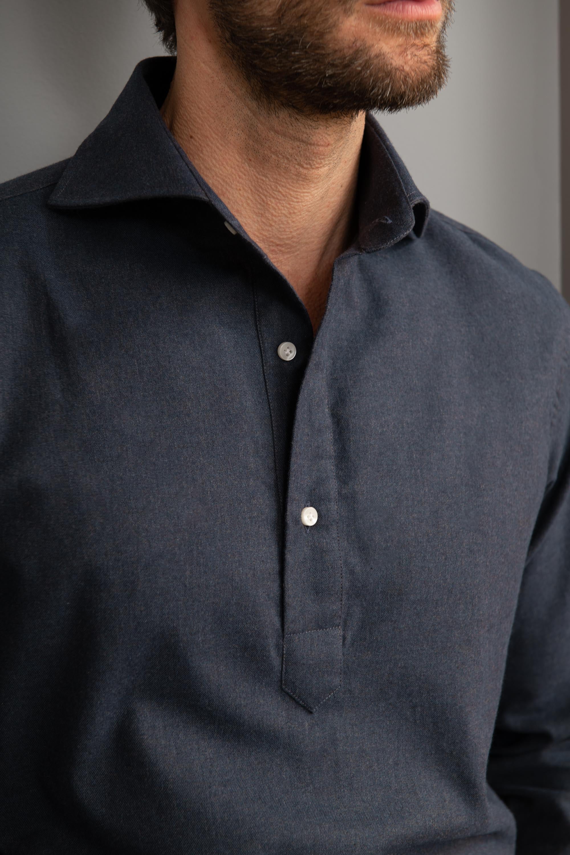 Blue Popover Shirt - Flannel Touch - Made in Italy