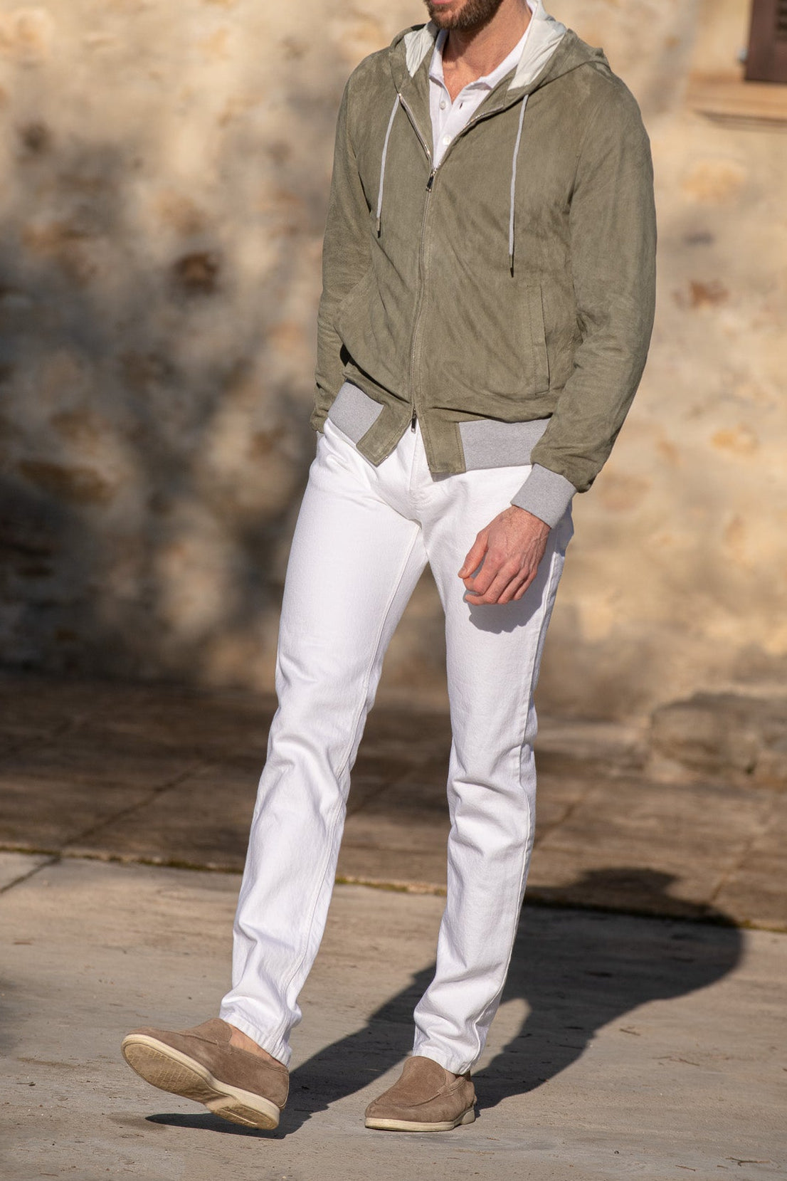 Sage suede hooded bomber jacket – Made in Italy