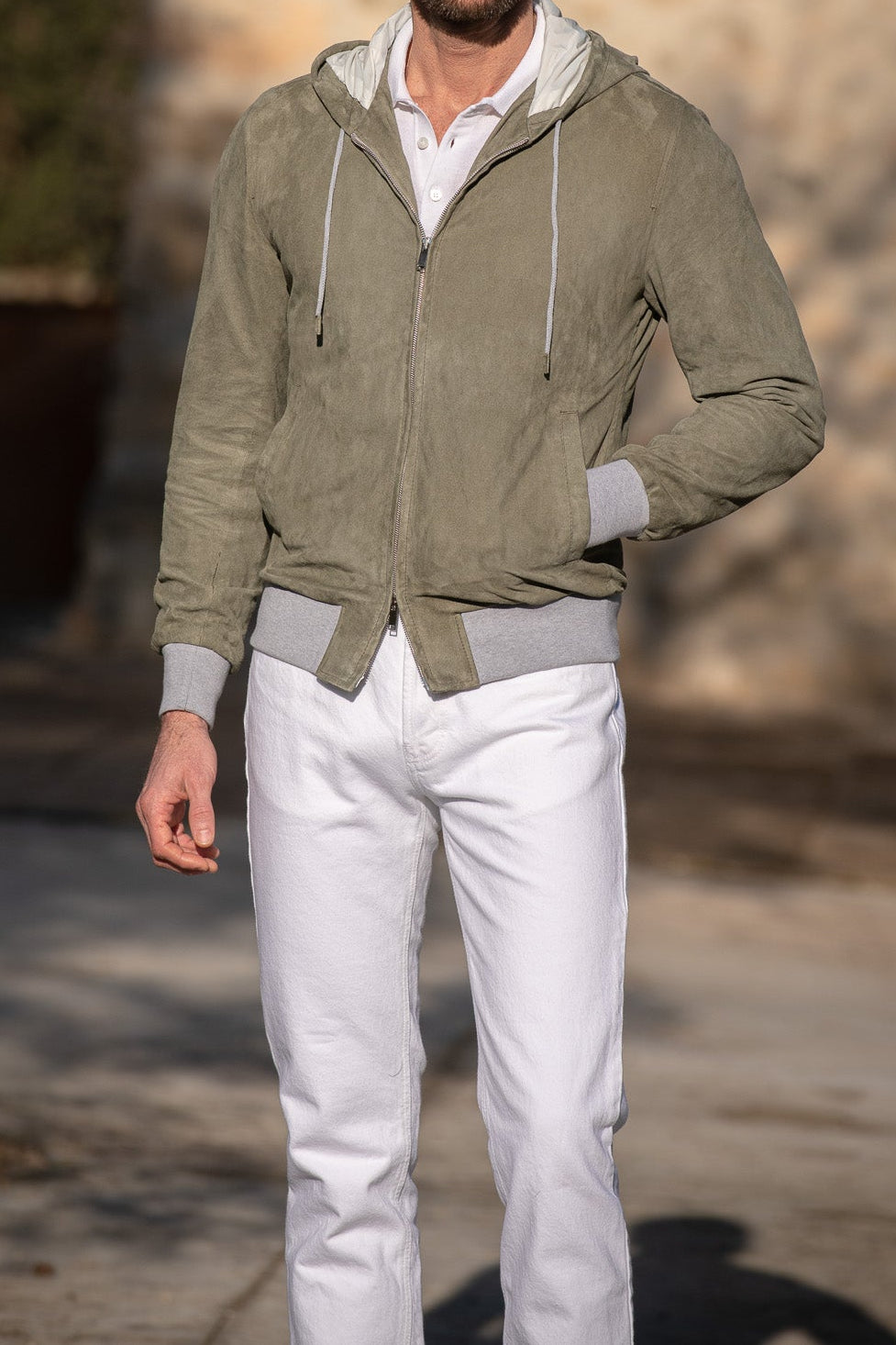 Sage suede hooded bomber jacket – Made in Italy