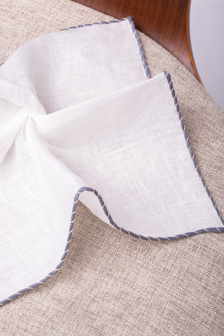 White linen pocket square with grey and beige edges  - Made in Italy
