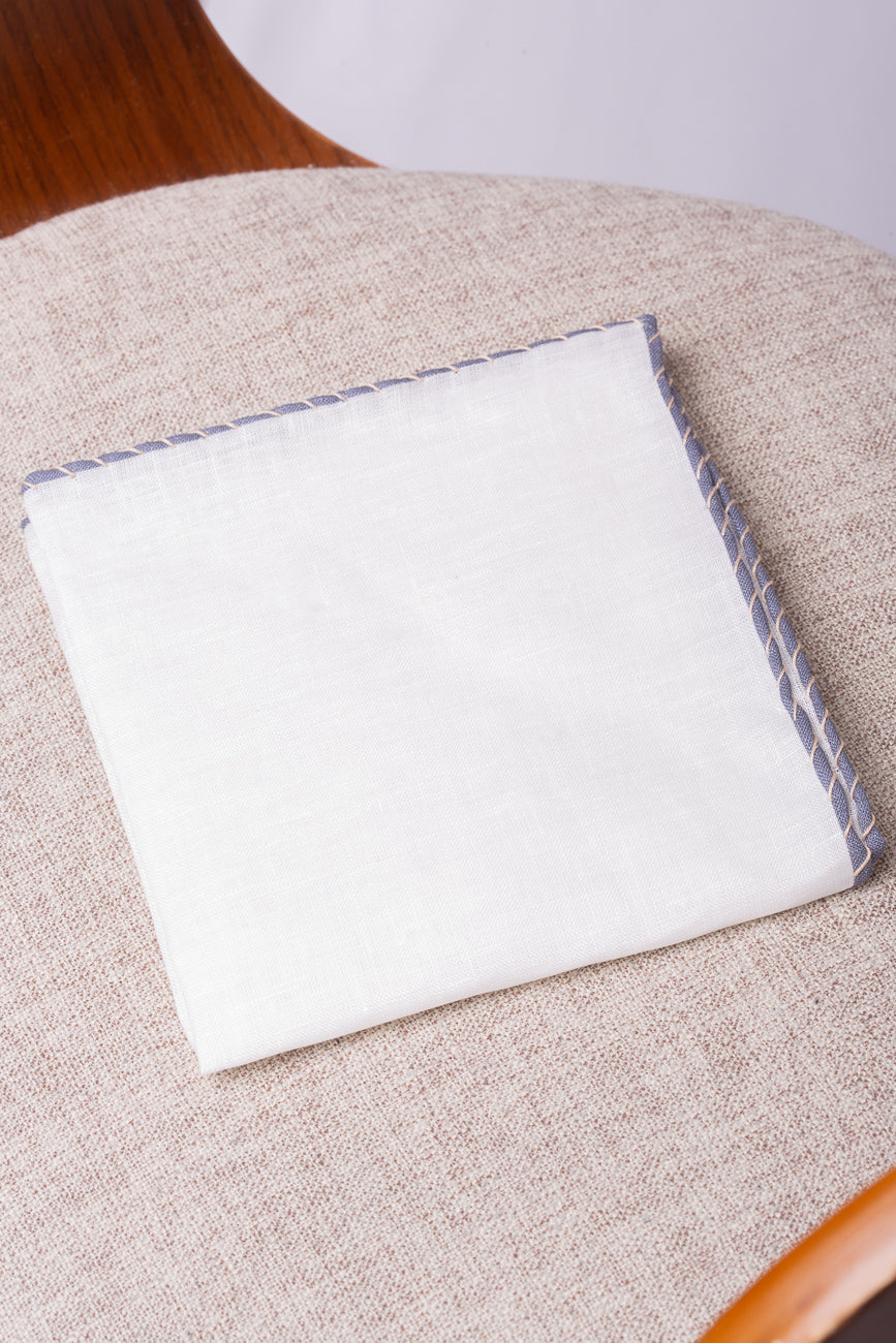 White linen pocket square with grey and beige edges  - Made in Italy