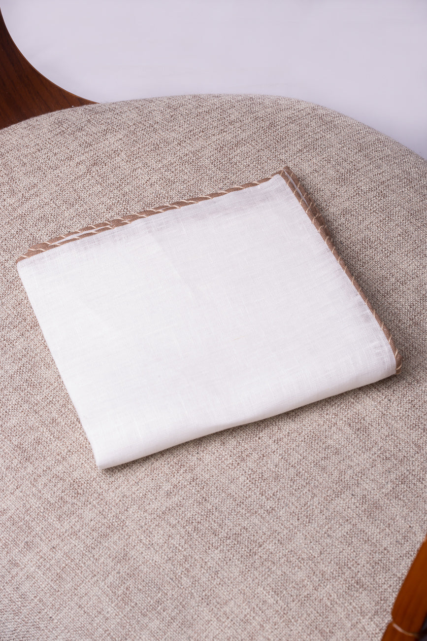 White linen pocket square with taupe and beige edges  - Made in Italy