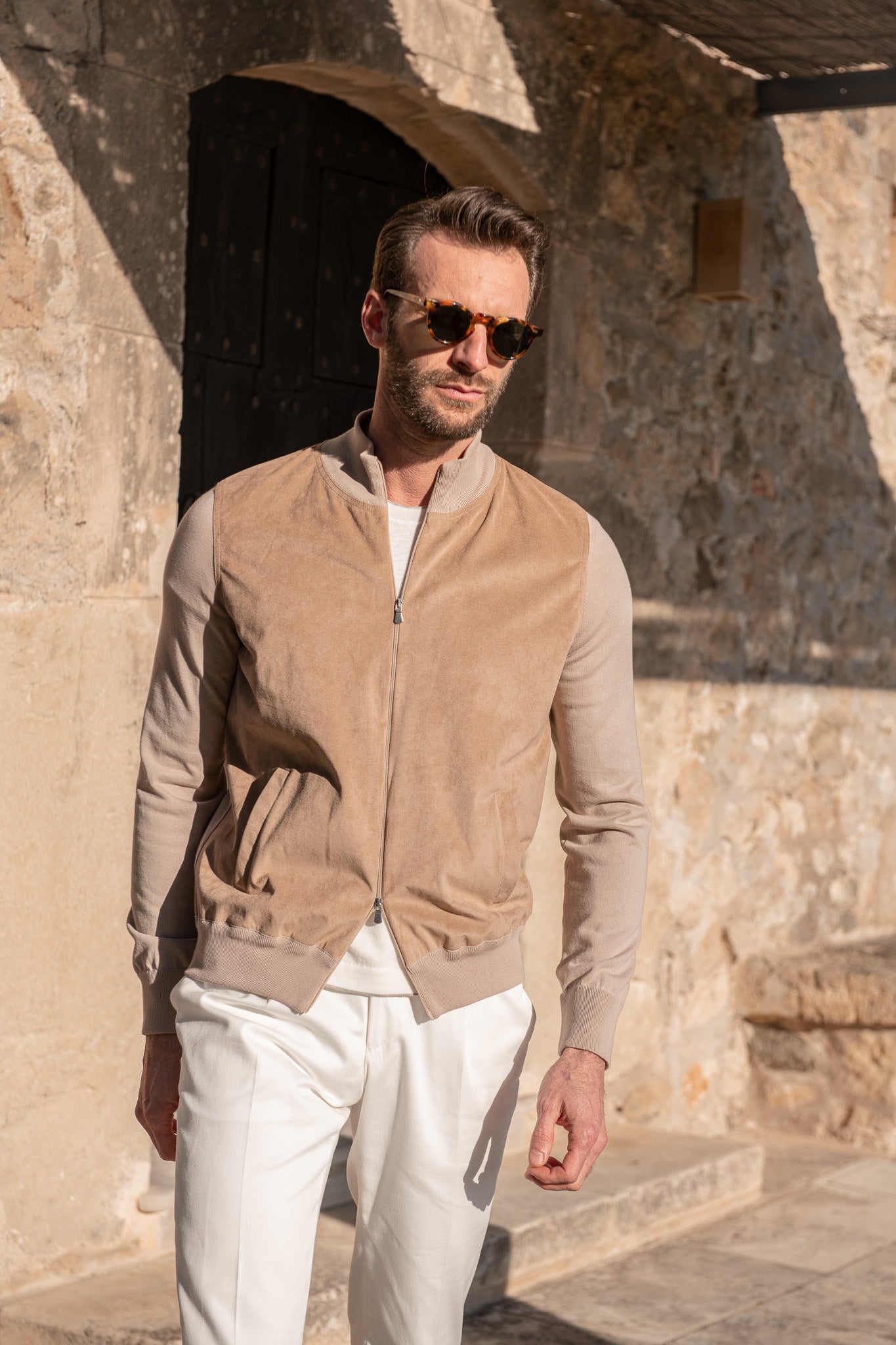 Bomber in alcantara mandorla – Made in Italy