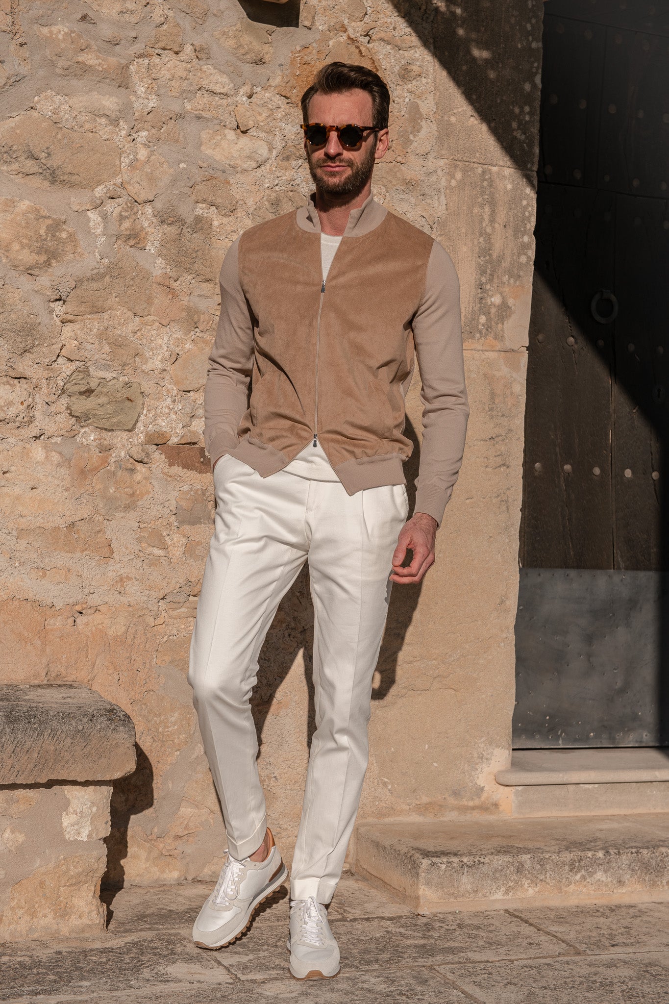 Bomber in alcantara mandorla – Made in Italy