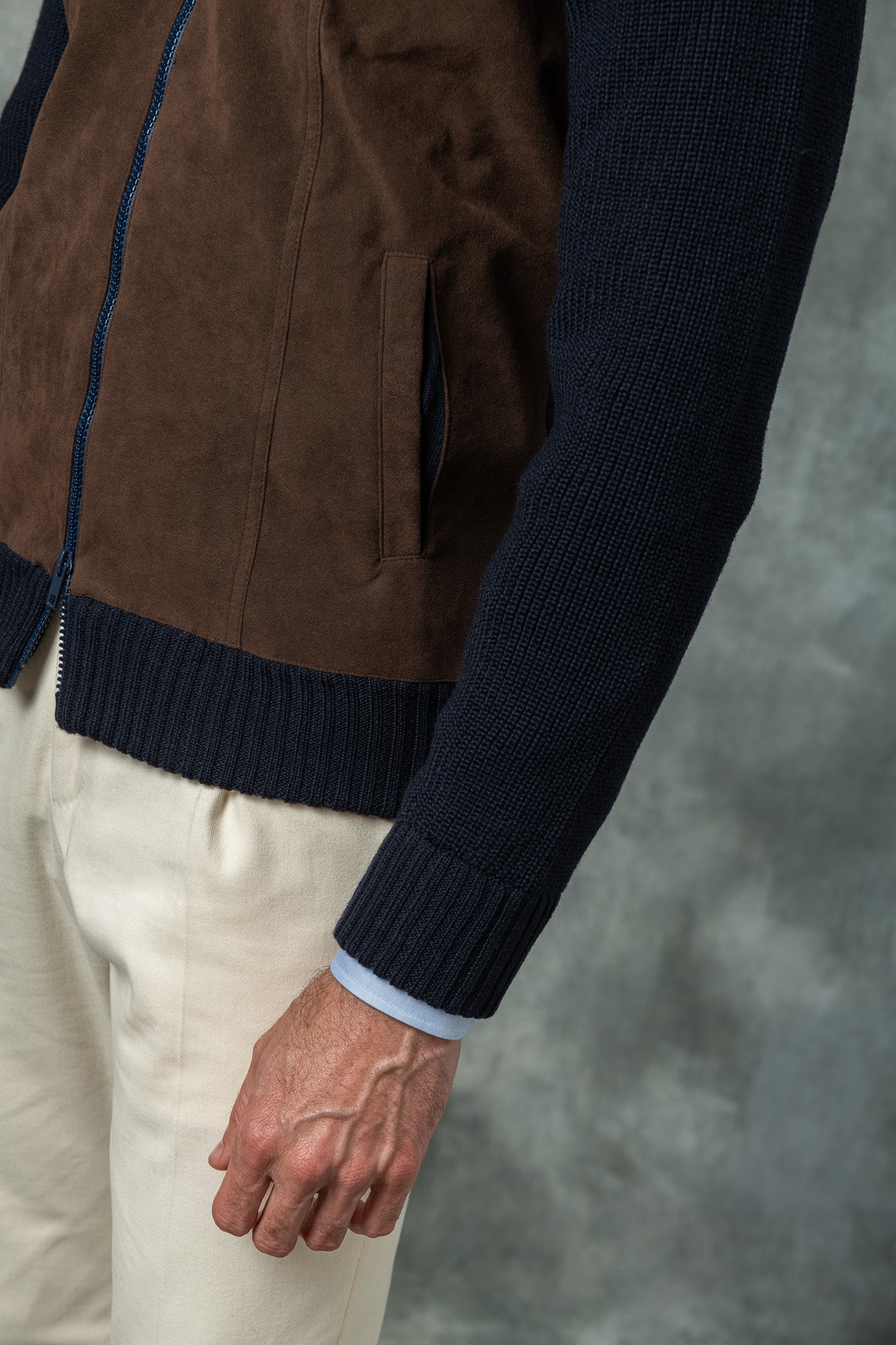 Blue and brown cardigan - Alcantara & wool - Made in Italy