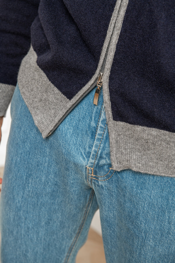 Cardigan zippé intégral bleu et gris – Made in Italy