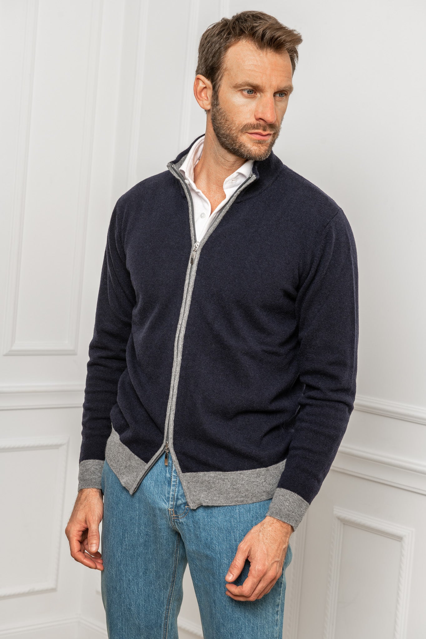 Cardigan entièrement zippé bleu et gris – Made in Italy