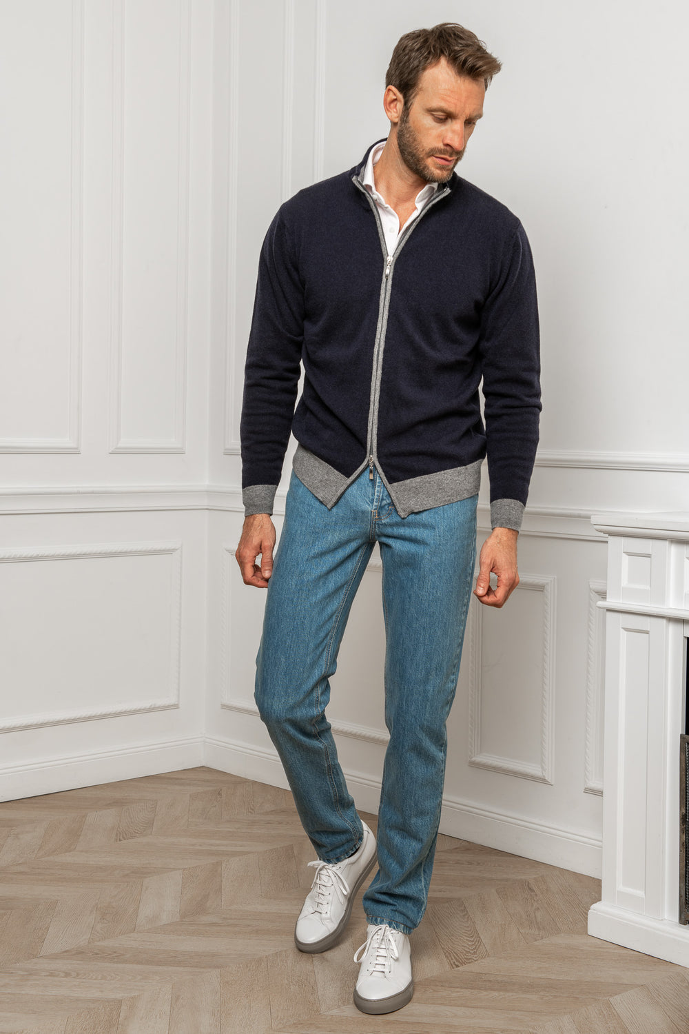 Blue and grey full zip cardigan – Made in Italy