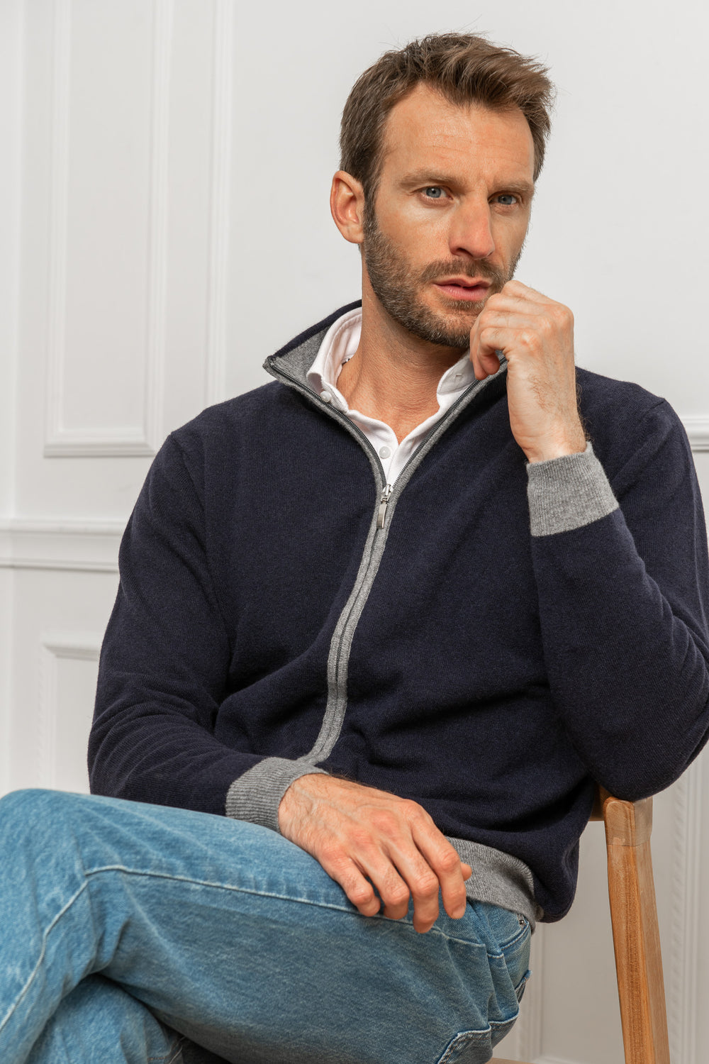 Blue and grey full zip cardigan – Made in Italy