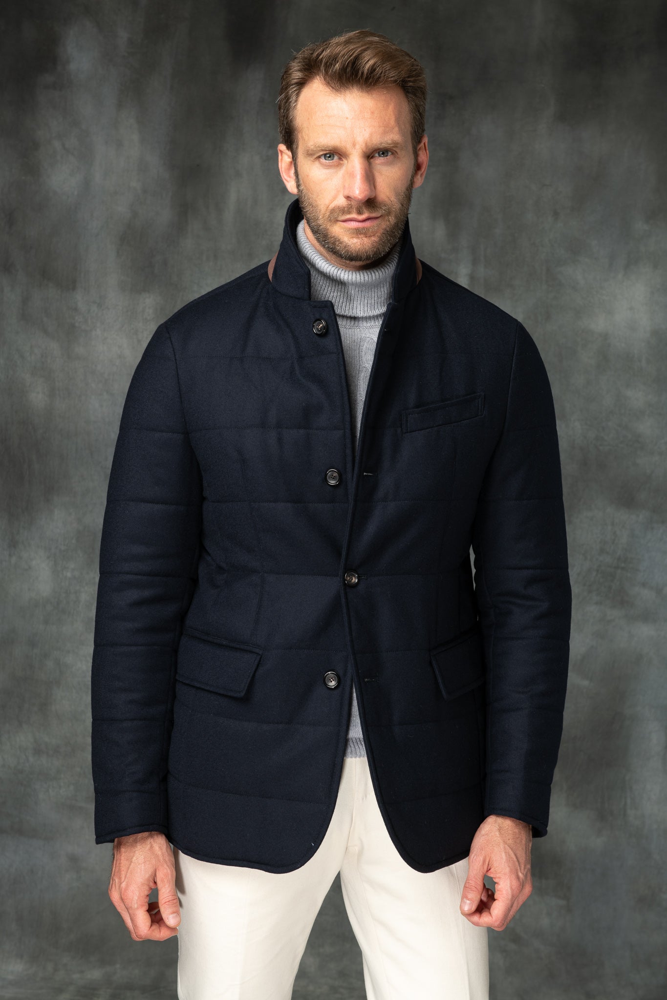 Blue down jacket in Loro Piana wool with Rain System®– Made in Italy