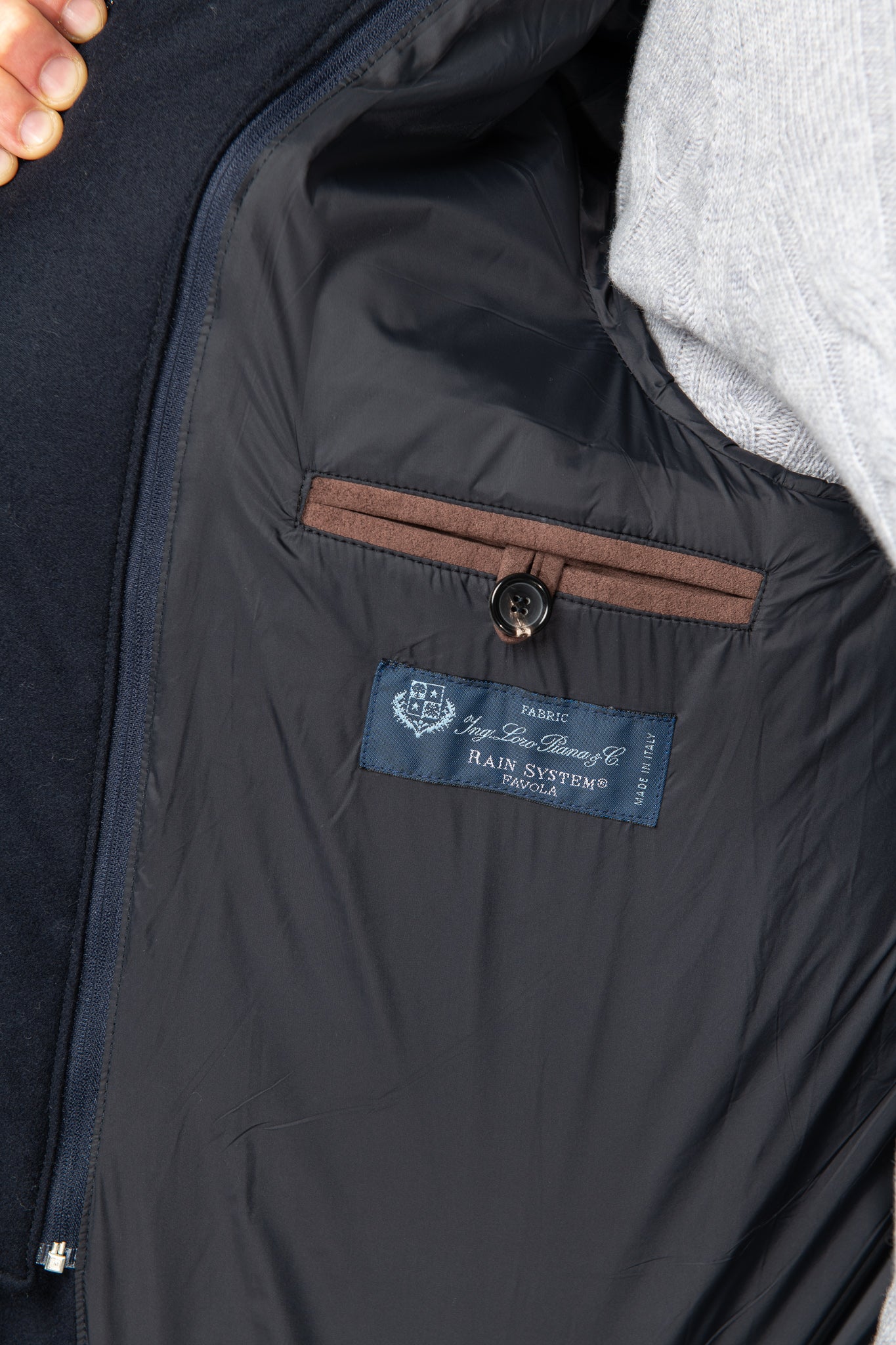 Blue down jacket in Loro Piana wool with Rain System®– Made in Italy