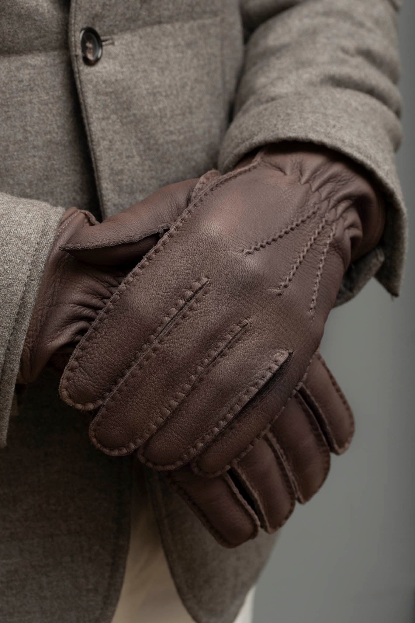 Brown Cashmere Lined Deerskin Leather Gloves - Made in Italy
