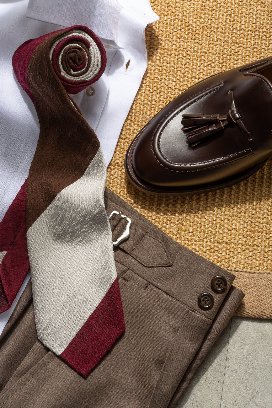 Brown and bordeaux shantung tie - Hand Made In Italy