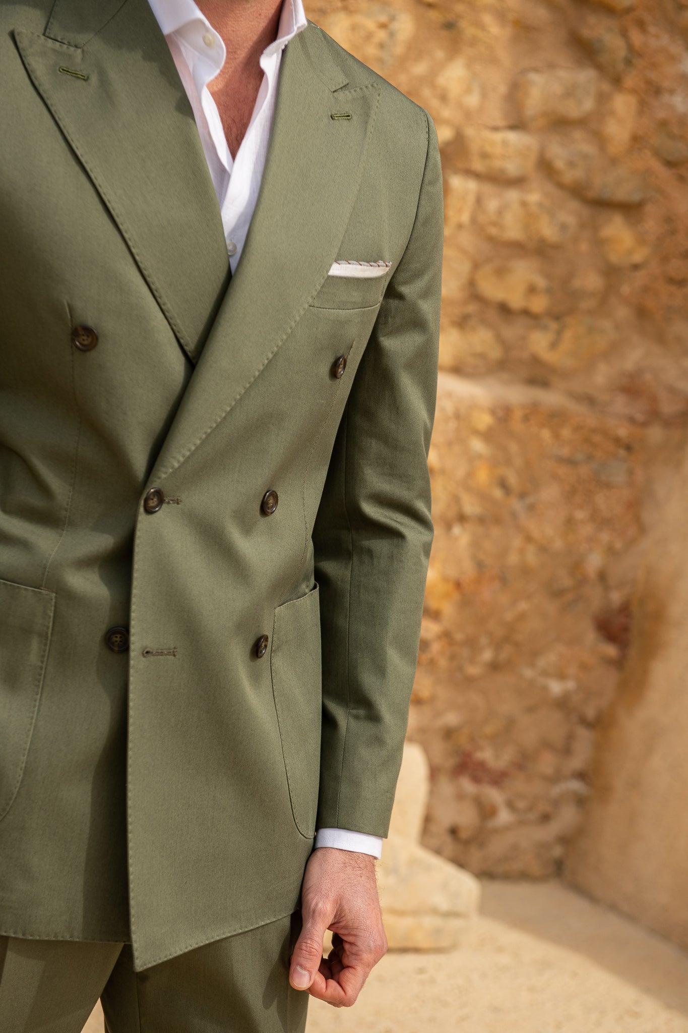 Green double breasted suit in Loro Piana Cotton - Made in Italy