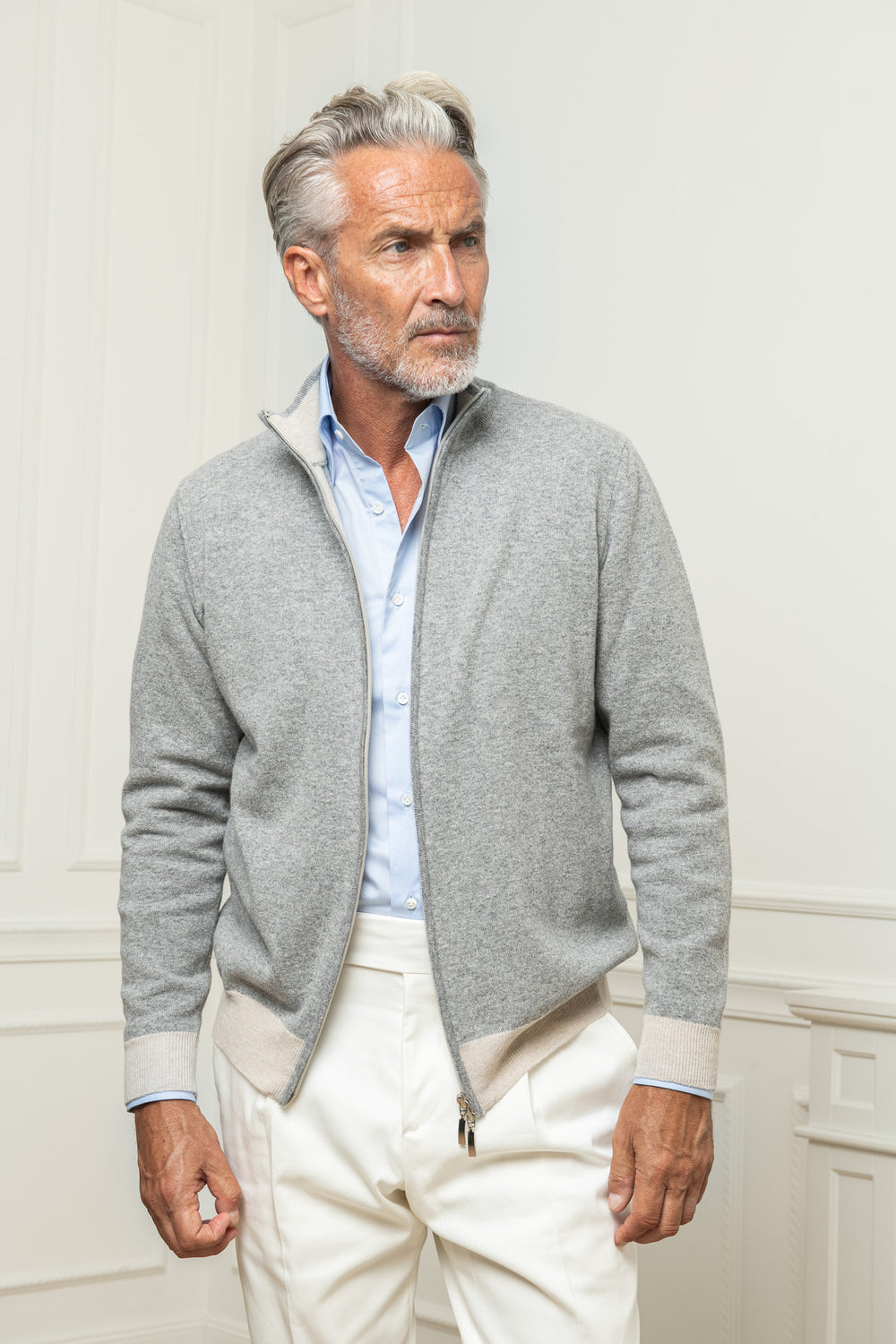 Grey and beige full zip cardigan – Made in Italy
