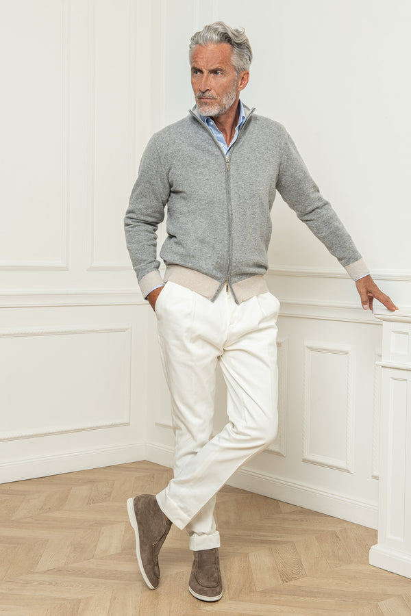 Cardigan zippé intégral gris et beige – Made in Italy