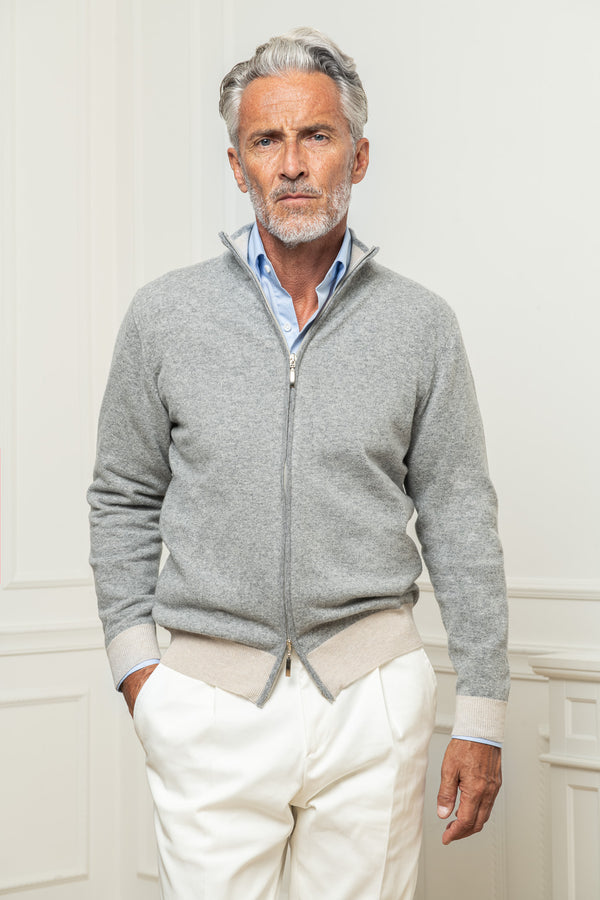 Cardigan zippé intégral gris et beige – Made in Italy