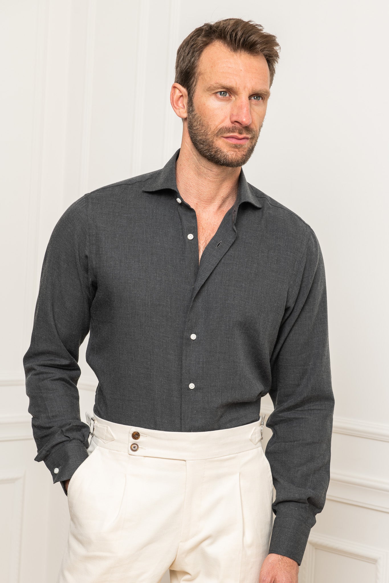 Camicia grigia in cashmere e cotone - Made in Italy