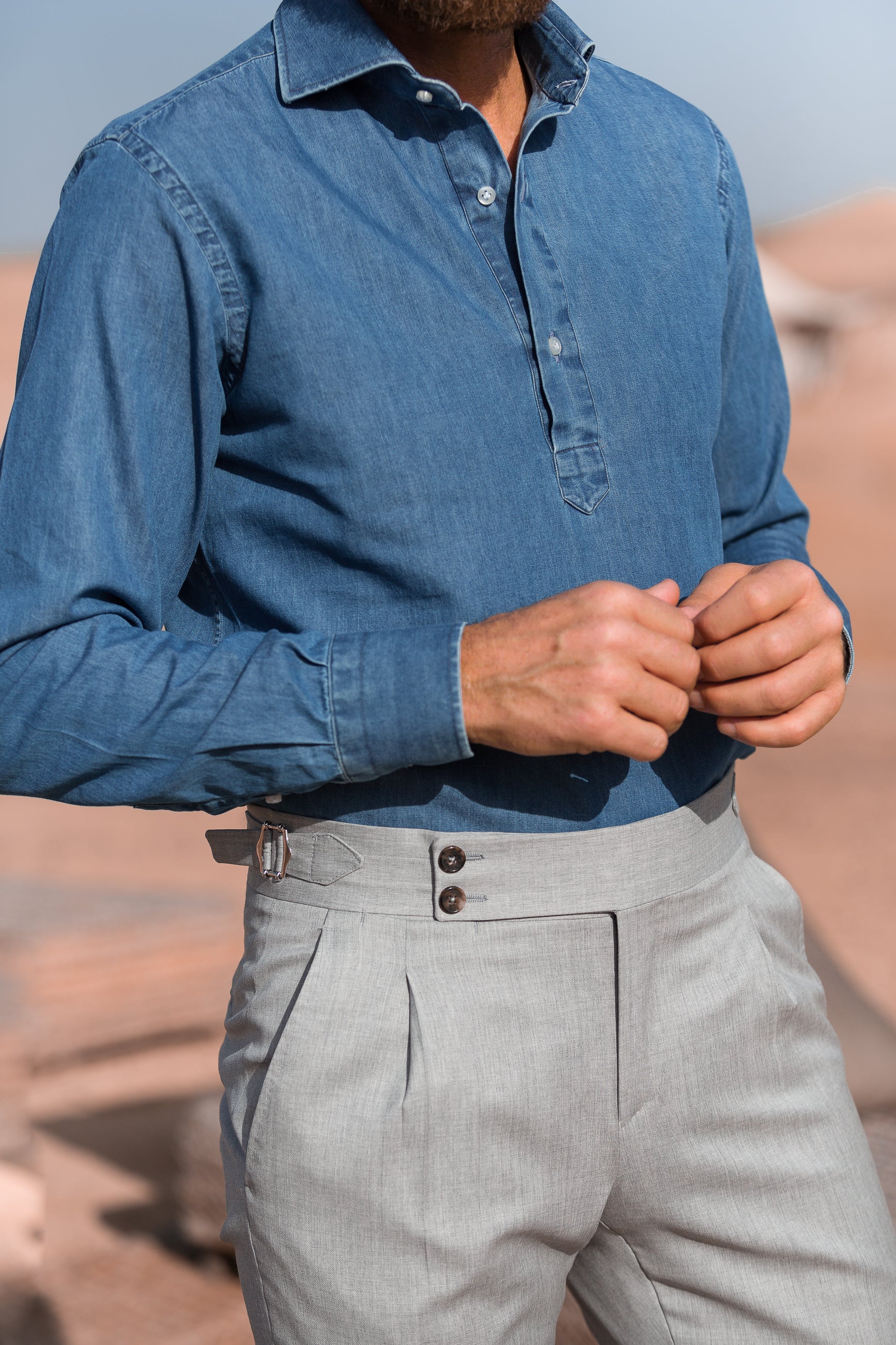 denim popover shirt, chemise popover en denim homme, camicia in denim, chemise en jeans, gurkha trousers