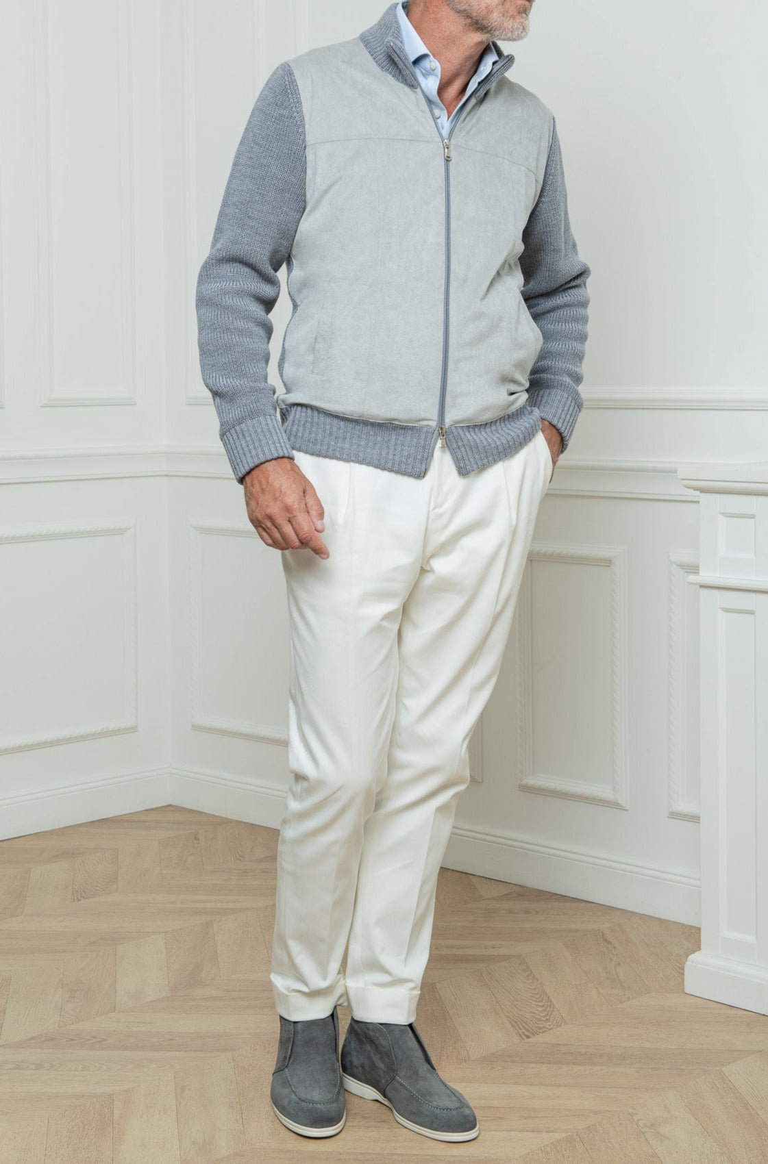Grey and light grey cardigan - Alcantara & wool - Made in Italy