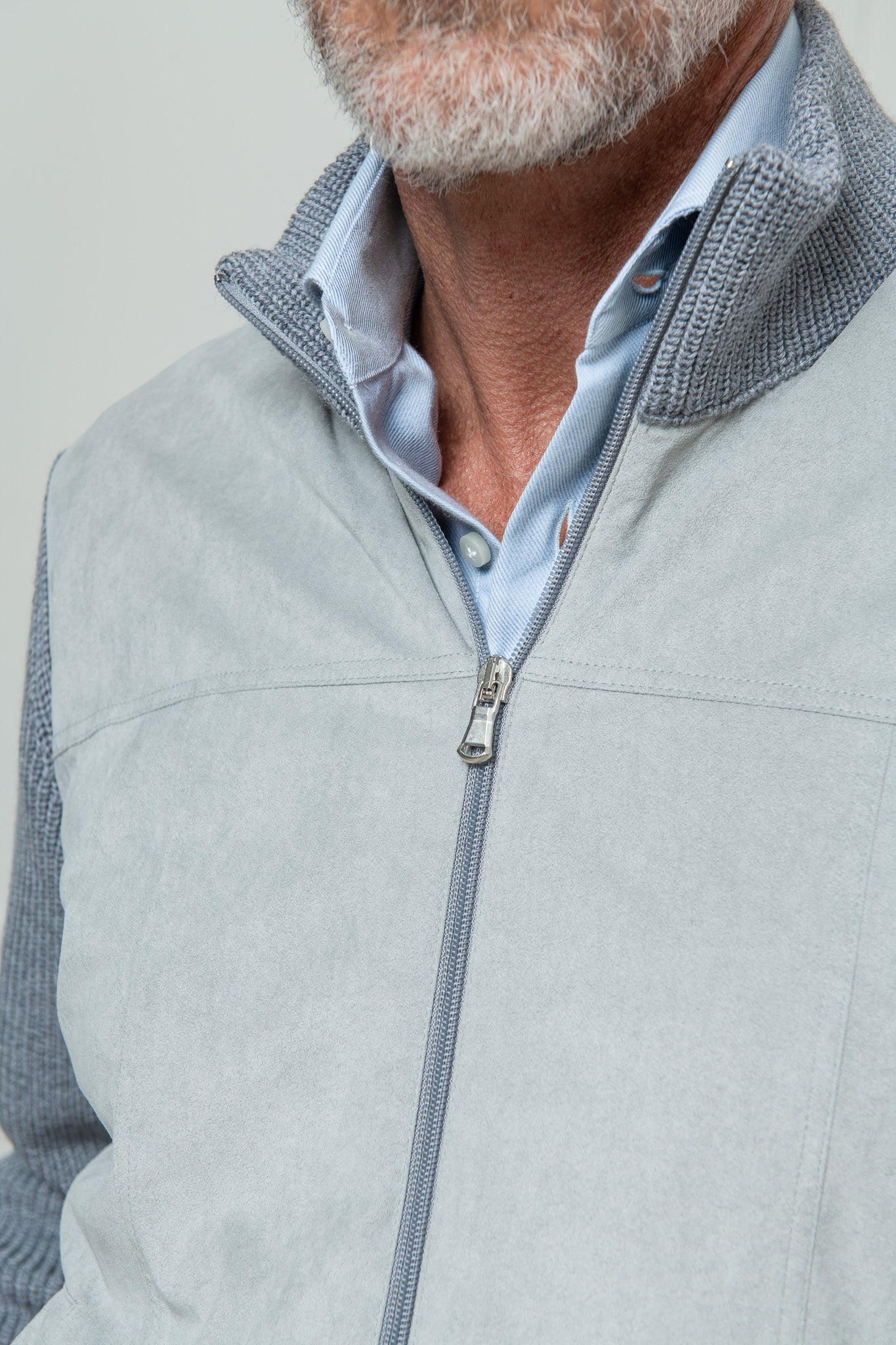 Grey and light grey cardigan - Alcantara & wool - Made in Italy