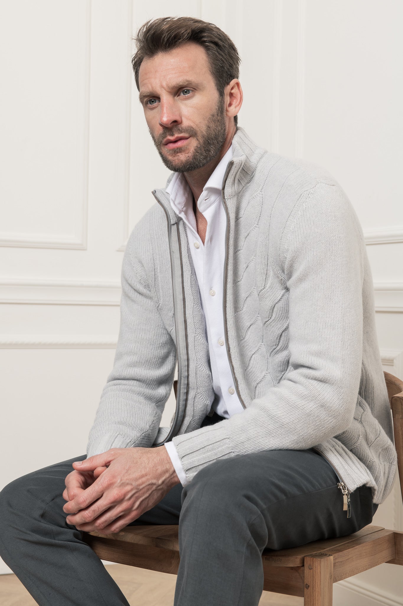 Grey and beige full zip cardigan, Made in Italy