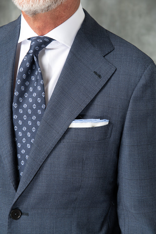 Blue Avio Prince of Wales Full Canvas suit in Loro Piana Wool - Made i