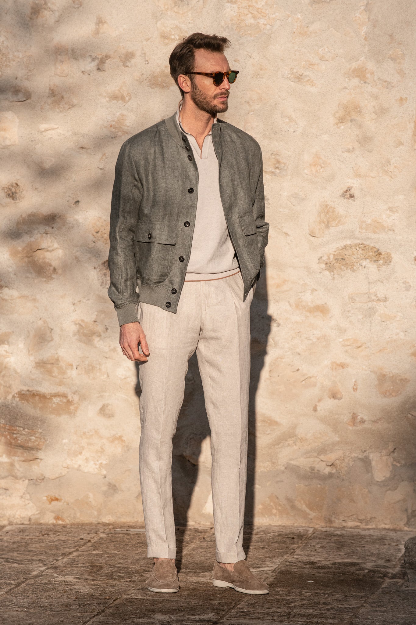 Bomber in lino salvia – Made in Italy