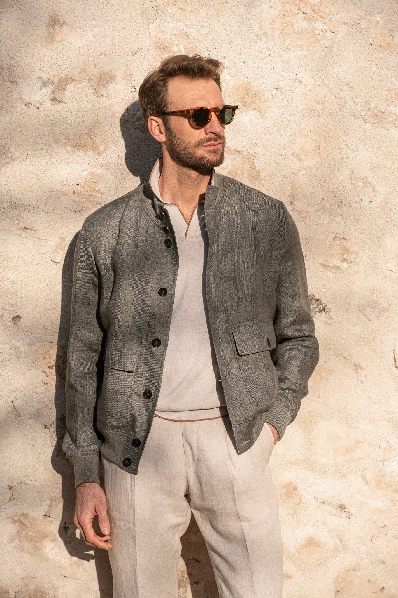 Bomber in lino salvia – Made in Italy