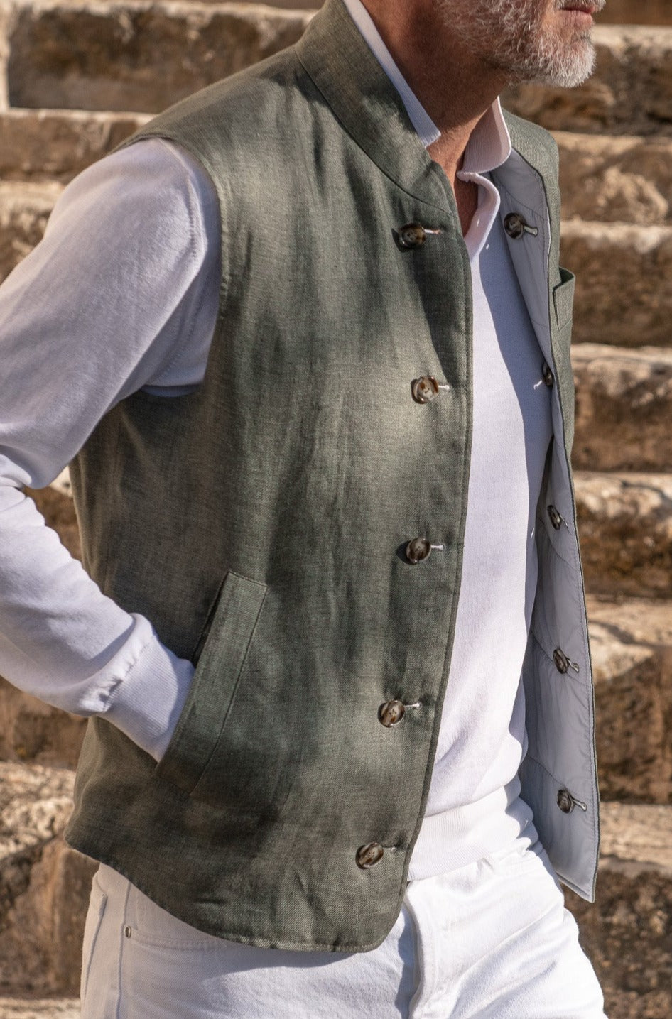 Sage linen reversible down vest – Made in Italy