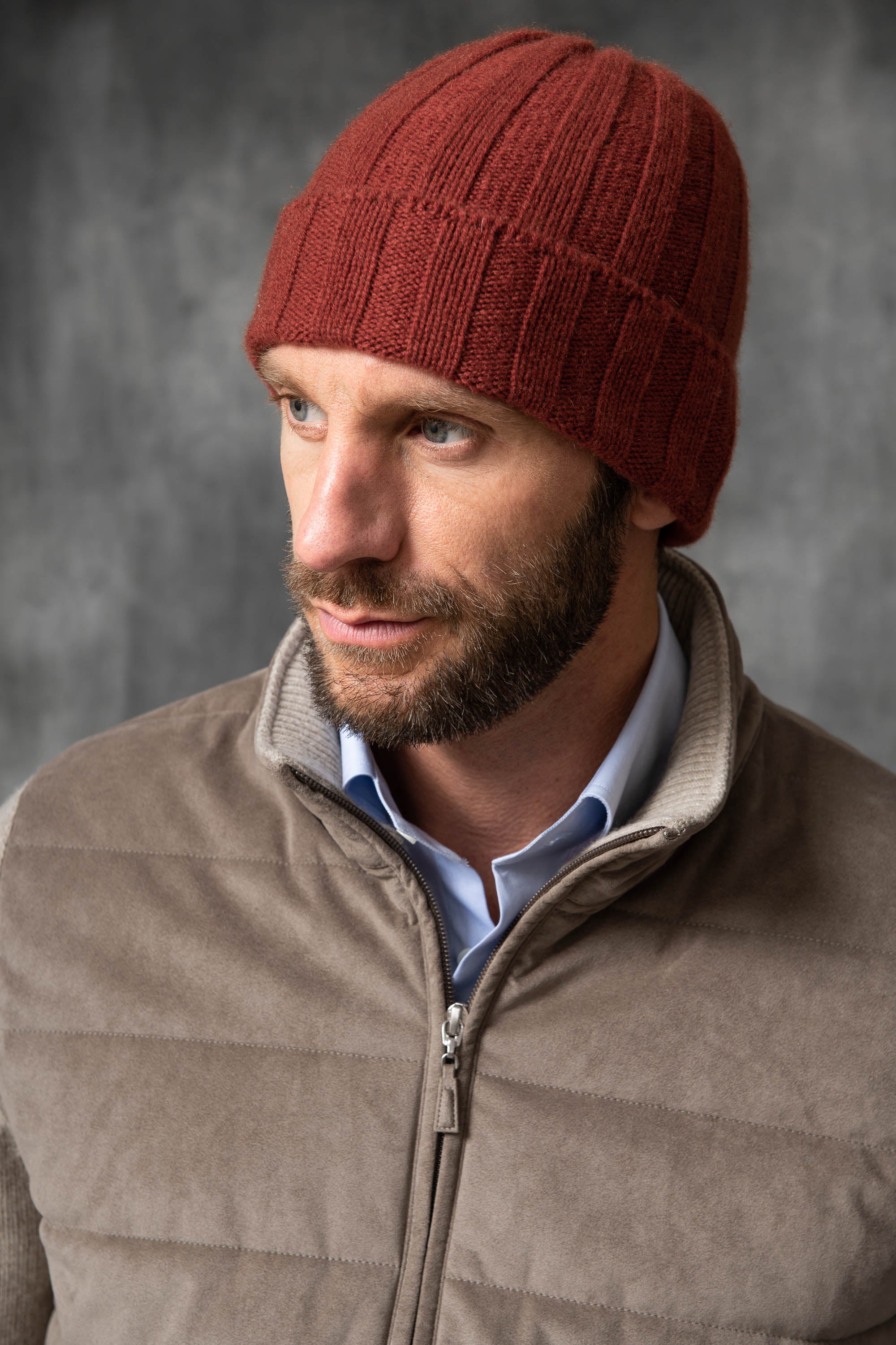 Terracotta Cashmere rib knit beanie - Made in Italy
