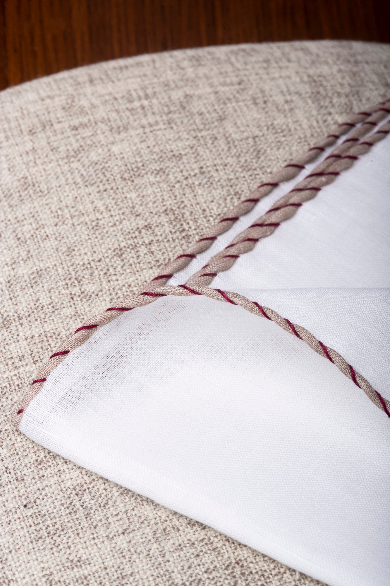 White linen pocket square with beige and red edges  - Made in Italy
