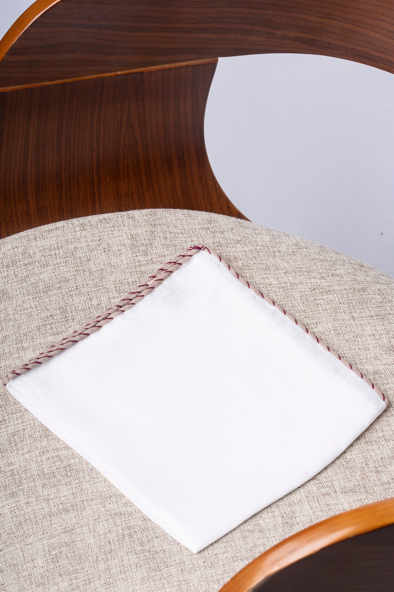 White linen pocket square with beige and red edges  - Made in Italy
