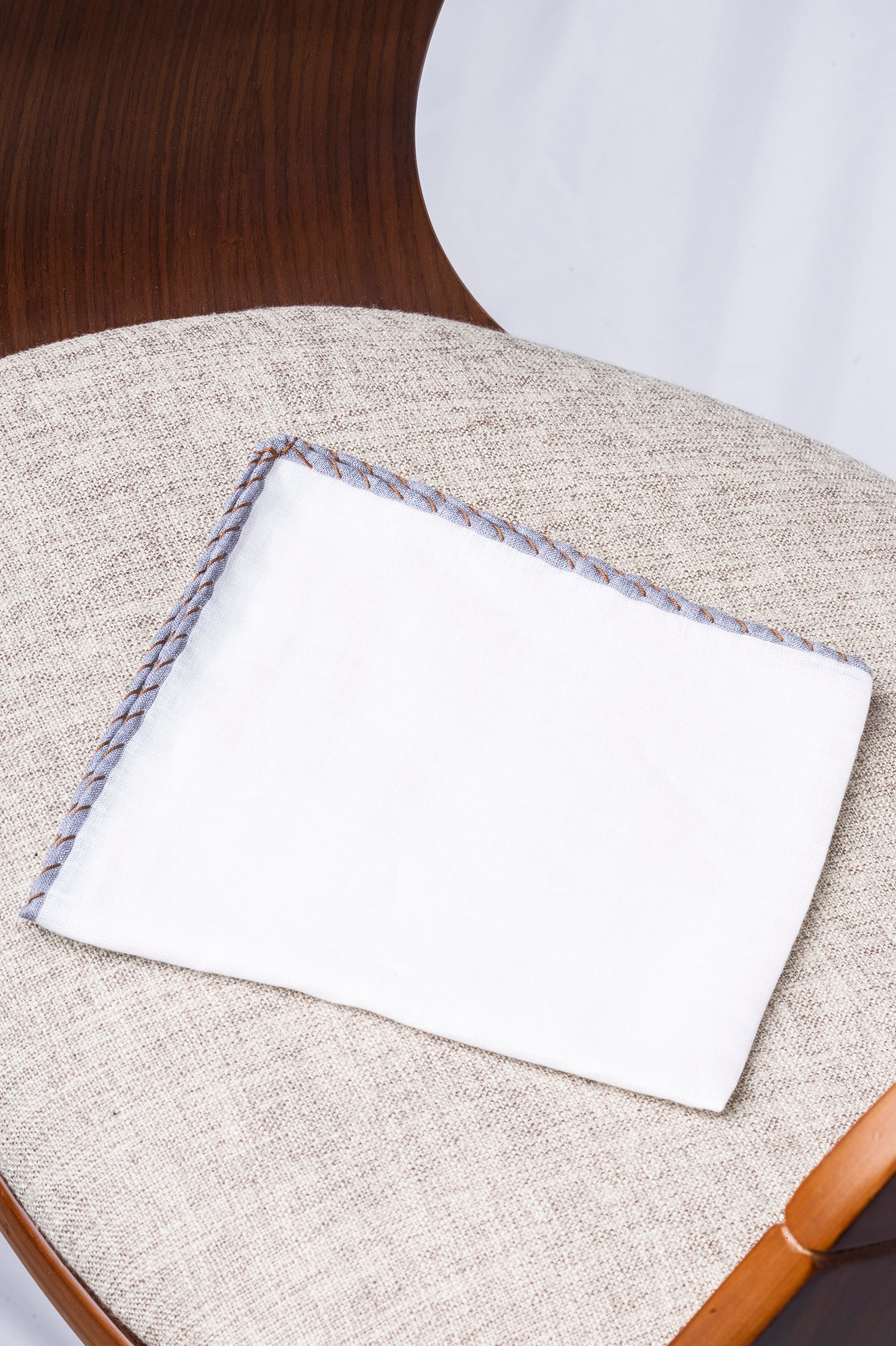 White linen pocket square with grey and cognac edges  - Made in Italy